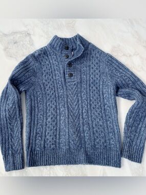 Schott NYC Men’s Cable Knit Henley Pullobver Sweater Size Medium Blue